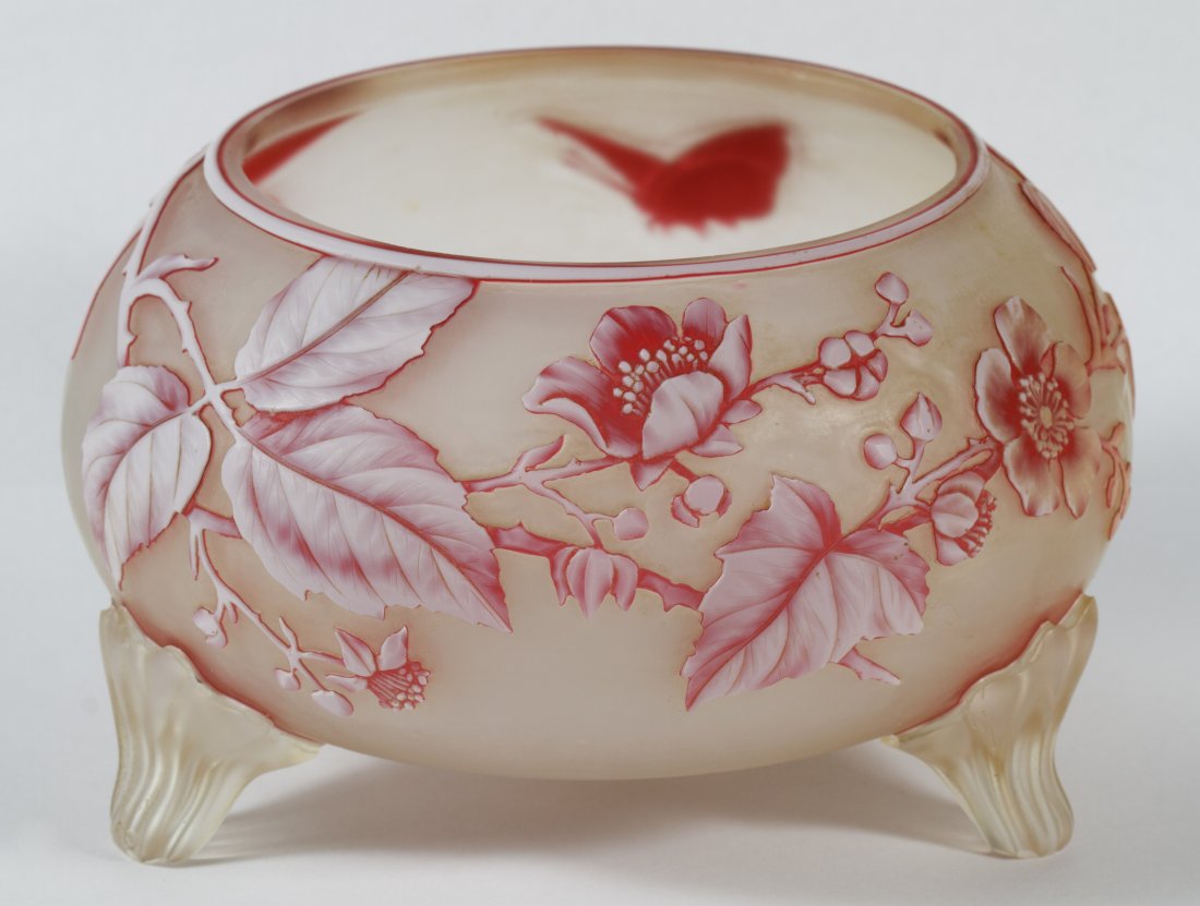 Thomas Webb & Sons Cameo Glass Footed Bowl: Thomas Webb & Sons Cameo Glass Footed Bowl Having pink over white dogwood blossoms with a butterfly on the reverse; provenance: W.P.G. Phillips, London and Maude B. Feld Height: 4.00 inches, Diameter: