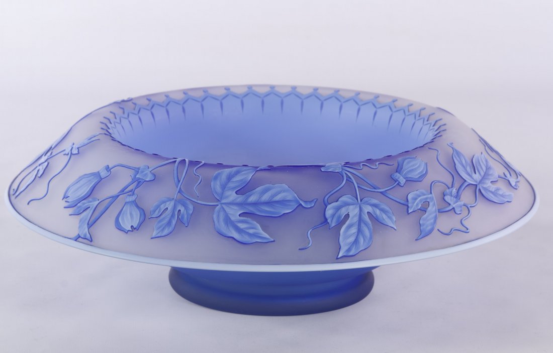 Thomas Webb & Sons Cameo Glass Rolled Rim Bowl: Thomas Webb & Sons Cameo Glass Rolled Rim Bowl Having three quarter decoration of blue over white with vines and center post dragon fly; provenance: purchased by the present owner from Maude B. Feld i
