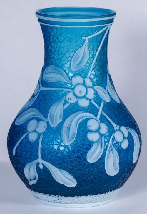 Thomas Webb & Sons Cameo Glass Vase: Thomas Webb & Sons Cameo Glass Vase Having cascading mistletoe on an intaglio cut spider web background; half moon engraved signature; provenance: purchased by the present owner on December 2, 1963 fr