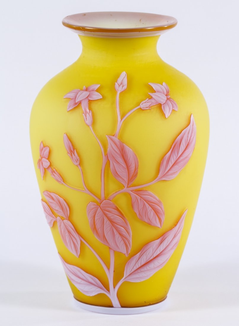 Thomas Webb & Sons Cameo Glass Vase: Thomas Webb & Sons Cameo Glass Vase Having a three color stem floral motif with butterfly on the reverse; half moon engraved signature Height: 5.75 inches Category: Glass > English Shipping Status: Le
