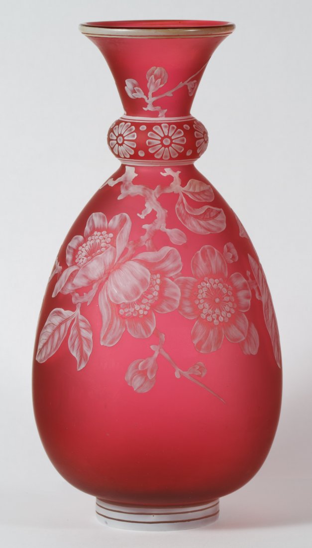 Stevens & Williams English Cameo Glass Vase: Stevens & Williams English Cameo Glass Vase Having a dogwood blossom in white and a ringed neck with dolloped flowers; marked on the underside; provenance: purchased by the present owner on May 2, 196