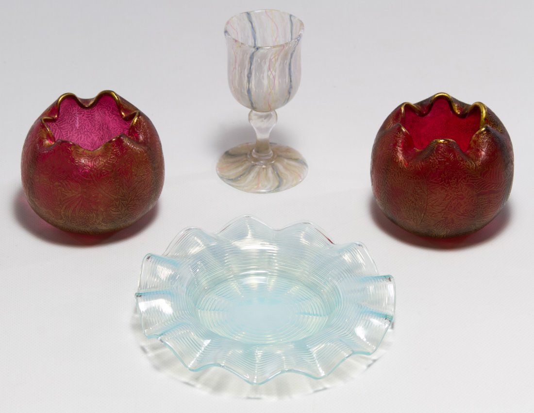 Stevens and Williams Glass Rose Bowls: Stevens and Williams Glass Rose Bowls Having a gilt edged leaf design; together with an Italian lattice goblet and an opalescent ruffled rim dish, possibly by Powell Height: 2.75 inches (goblet) Categ