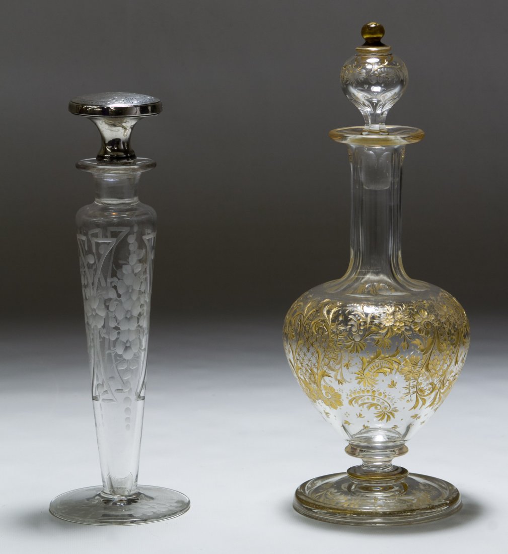 Hawkes Glass Perfume Bottle: Hawkes Glass Perfume Bottle Hawkes having sterling cap and stamped mark to the underside; together with an engraved cruet; together with two Hobbs Glass 'Tree of Life' compotes Height: 8.50 inches (ta