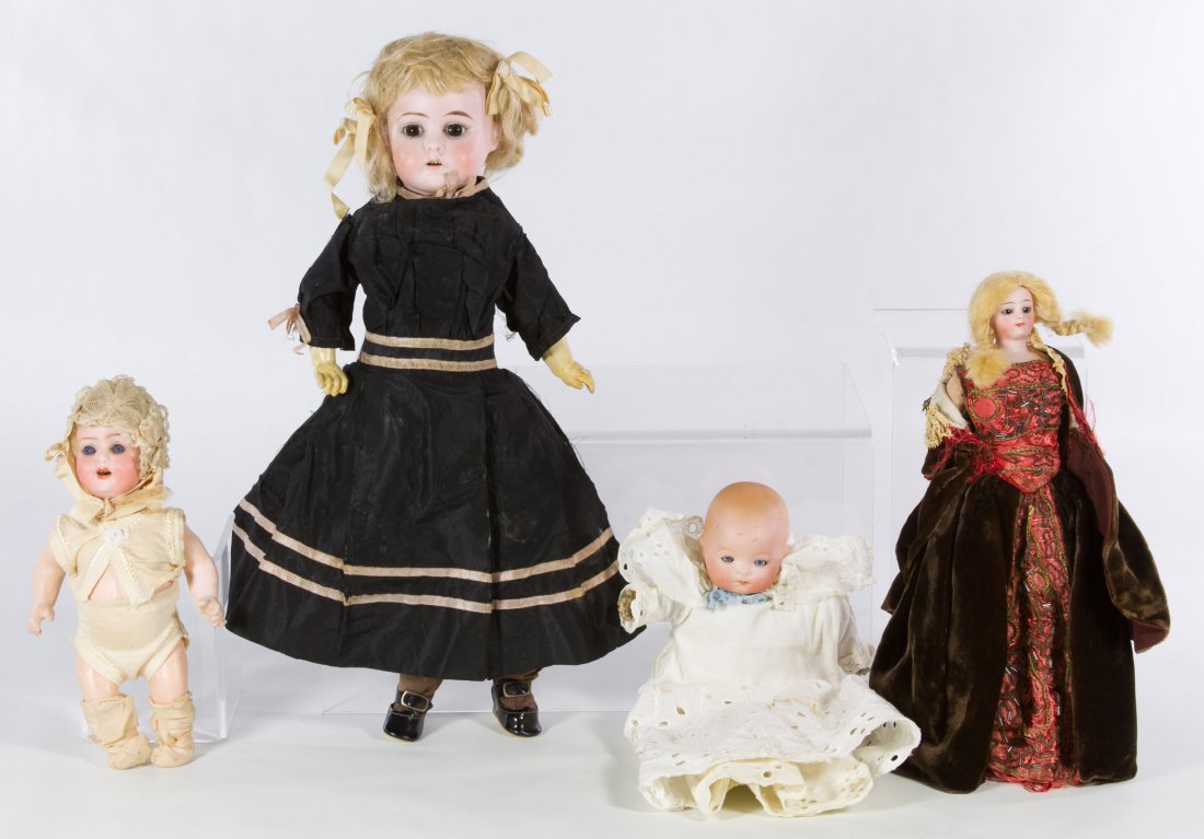 German Bisque Doll Assortment: German Bisque Doll Assortment Four antique dolls including an Ernst Heubach #300 baby, an Armand Marseille Dream Baby, a Simon and Halbig #1160 dollhouse doll and an open mouth child doll #1900; havin