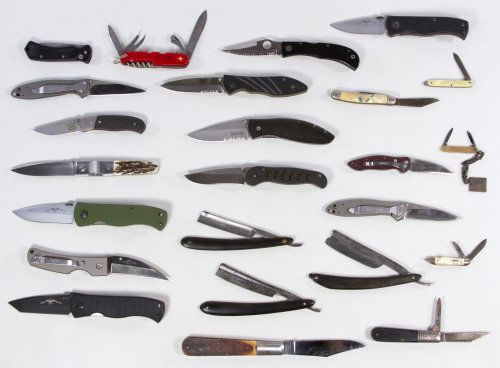 Pocket Knife and Straight Razor Assortment: Pocket Knife and Straight Razor Assortment Including three straight razors and twenty pocket knives with examples from Colonial, Kershaw, Emerson and Sabre Length: 7.00 inches (longest straight razotr