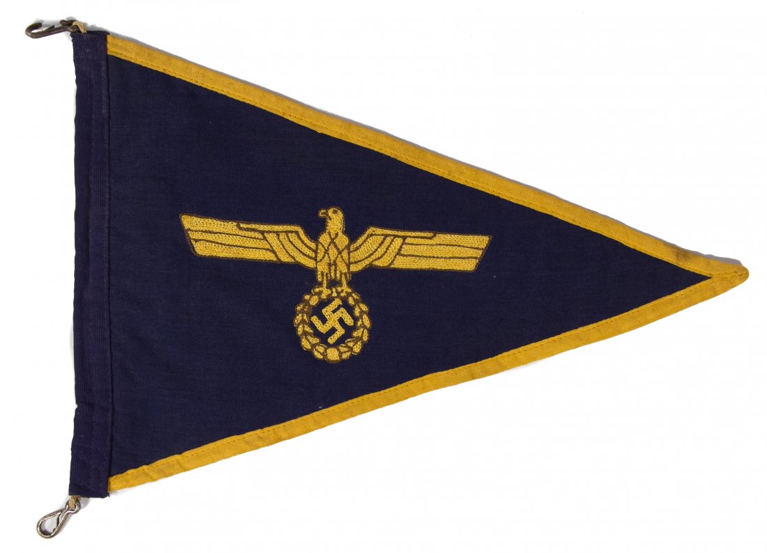 World War II German Navy Officer Car Pennant: World War II German Navy Officer Car Pennant Having a blue ground with an embroidered swastika with eagle emblem in gold Length: 12.00 inches Category: Military & Weapons > World War II Shipping Statu