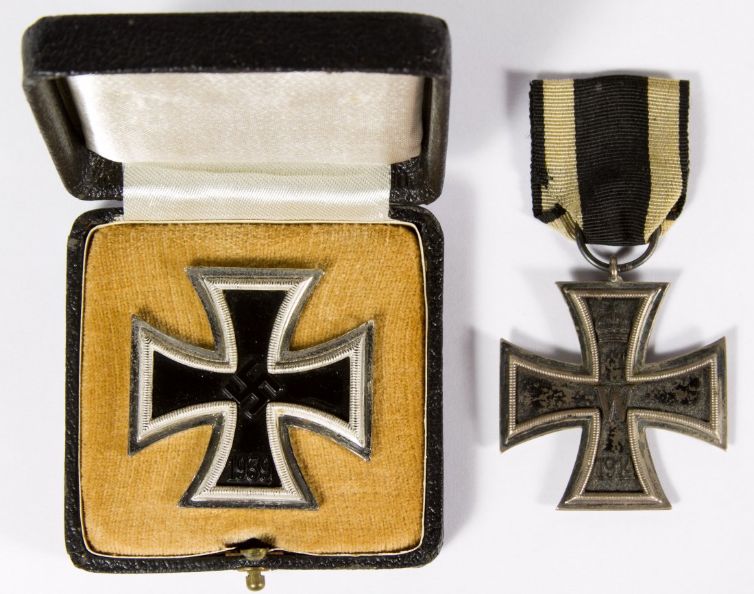 World War I and II Iron Cross Pins: World War I and II Iron Cross Pins Two pieces, World War II in original box and World War I on a ribbon Length: 1.75 inches (World War II) Category: Military & Weapons > Medals Shipping Status: Leonar
