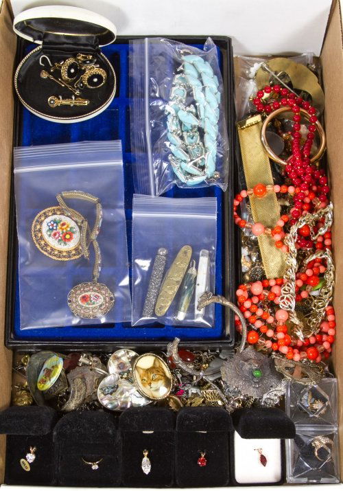 Costume Jewelry Assortment: Costume Jewelry Assortment Including necklaces, bracelets, earrings, antique charms, rings, some signed Trifari, Krementz, Monet, Coro and Avon; together with display cases, micro-mosaic jewelry, pen