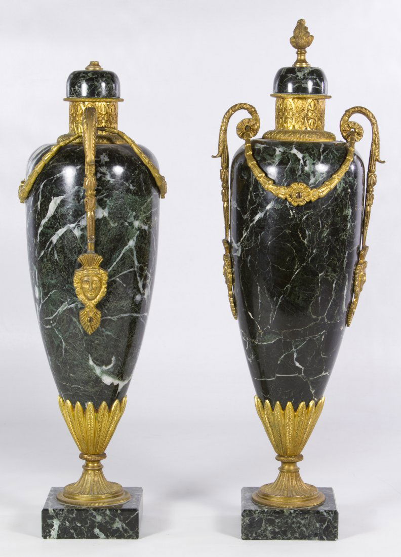 Marble Garniture Set: Marble Garniture Set 20th Century, each having brass mounts Height: 16.50 inches (tallest) Category: Decorative Arts > Clocks Tax Status: Subject to an 8.25% sales tax for Illinois residents Shipping