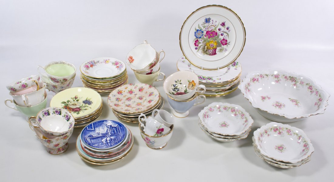 Ceramic Teacup, Saucer and Dessert Plate Assortment: Ceramic Teacup, Saucer and Dessert Plate Assortment Examples from Royal Albert, Grosvenor, B&G, Adderley, Hammersley and Royal Grafton; together with a Bavarian berry bowl set Diameter: 10.00 inches (
