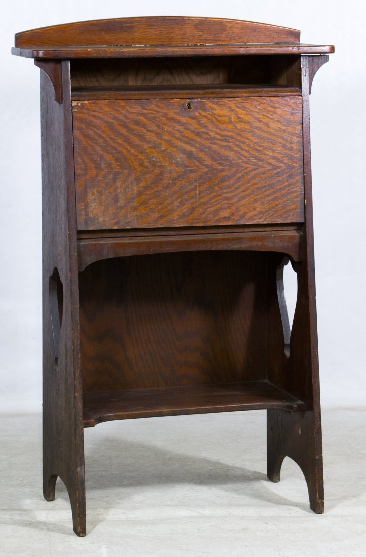 Oak Larkin Desk: Oak Larkin Desk Having a drop front desk over open shelf Height: 48.00 inches, Width: 29.50 inches, Depth: 15.00 inches Category: Furniture > American Tax Status: Subject to an 8.25% sales tax for Ill