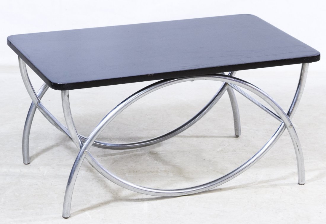 Art Deco Coffee Table by Wolfgang Hoffman for Howell: Art Deco Coffee Table by Wolfgang Hoffman for Howell Furniture c.1950, having chrome legs and a black top; attached label to the underside Height: 17.00 inches, Width: 34.00 inches, Depth: 20.00 inche