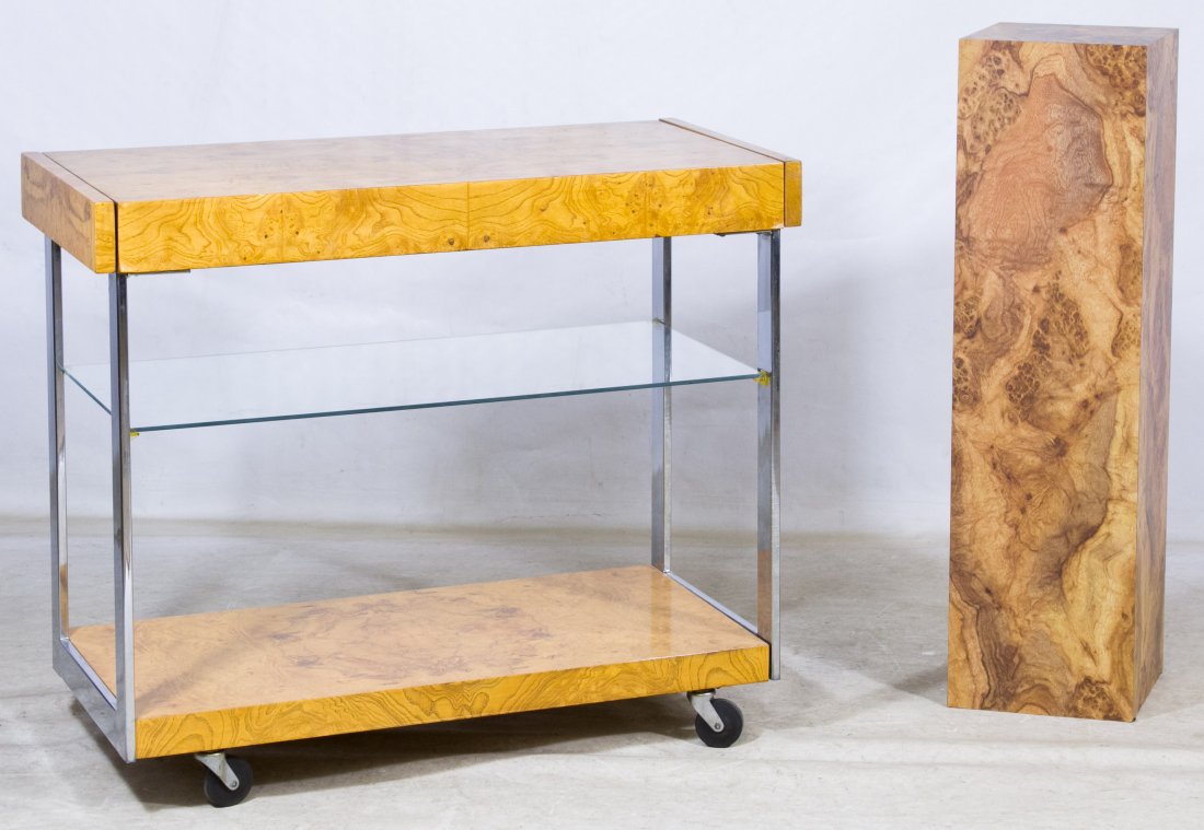 Burled Olive Ash Cart and Pedestal by Milo Baughman for: Burled Olive Ash Cart and Pedestal by Milo Baughman for Lane Both having a veneered finish; cart having wheels, pull out shelves, glass and lower shelves Height: 31.00 inches, Width: 38.50 inches, Dep