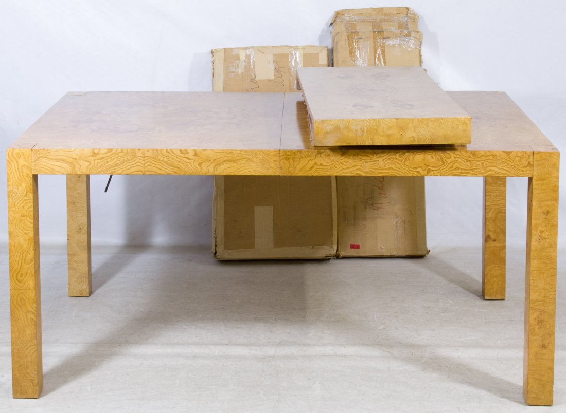 Burled Olive Ash Dining Table by Milo Baughman for Lane: Burled Olive Ash Dining Table by Milo Baughman for Lane Having two leaves, pads and three extra legs Height: 30.00 inches, Length: 64.00 inches, Width: 40.00 inches (length without 18 inch leaves) Cat