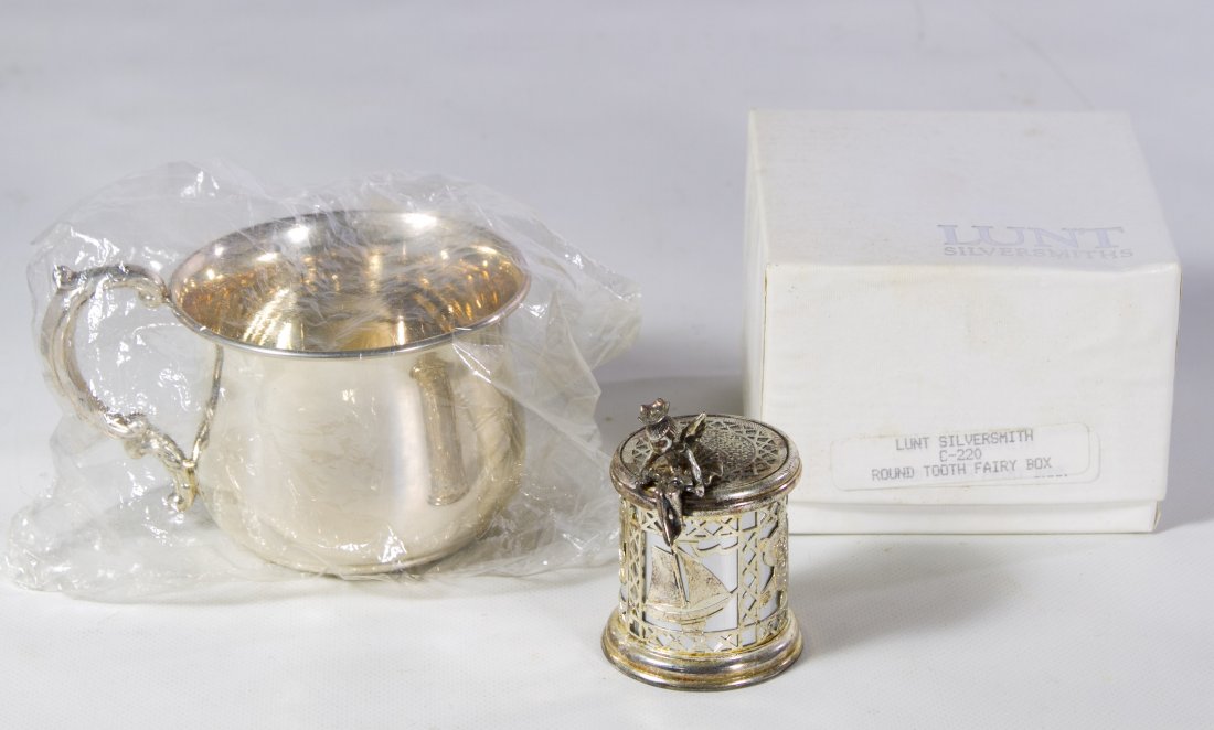 Empire Sterling Silver Baby Cup: Empire Sterling Silver Baby Cup Stamped mark to the underside; together with a silverplate Tooth Fairy holder by Lunt Silversmiths and an All-Clad espresso coffee press machine Height: 2.50 inches (cu