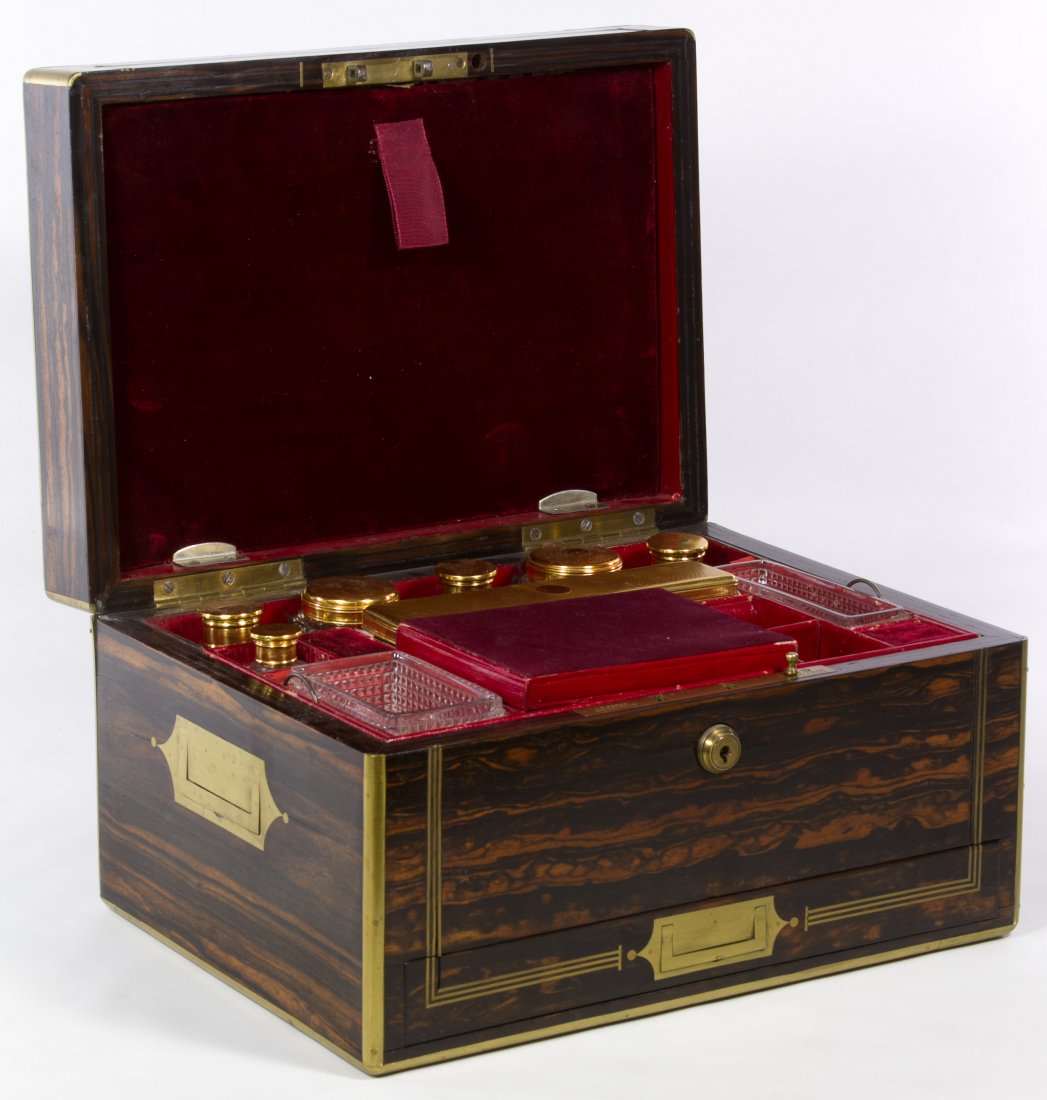 Victorian English Compartmentalized Traveling Box: Victorian English Compartmentalized Traveling Box c.1890, having 'JT Needs Piccadilly' marks on lock plate, velvet lined drawers, fitted bottles with gold tone metal caps and a pullout drawer below th