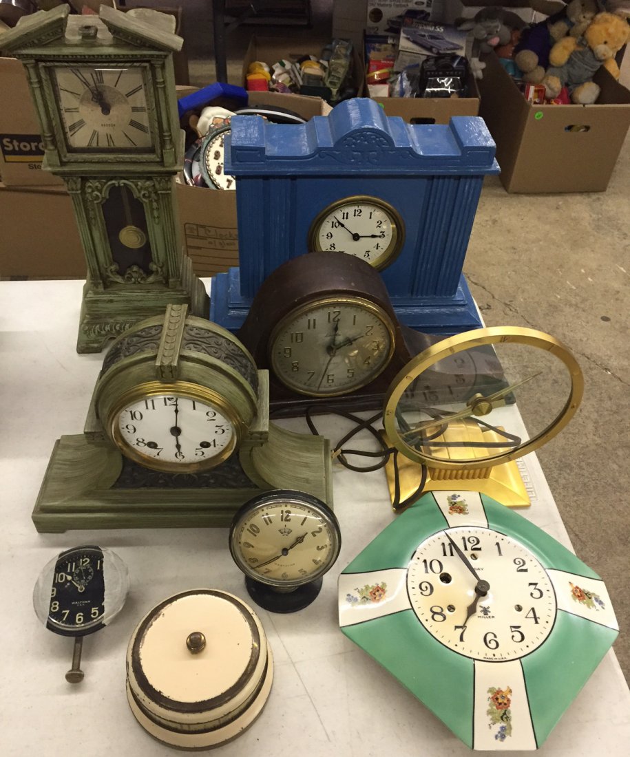 Clock Assortment: Clock Assortment Including table, mantel and wall clocks with examples by Jefferson Golden Hour Electric Clock, Wetclox, Miller and Electric Clock Co. Height: 15.00 inches, Width: 7.00 inches, Depth: 