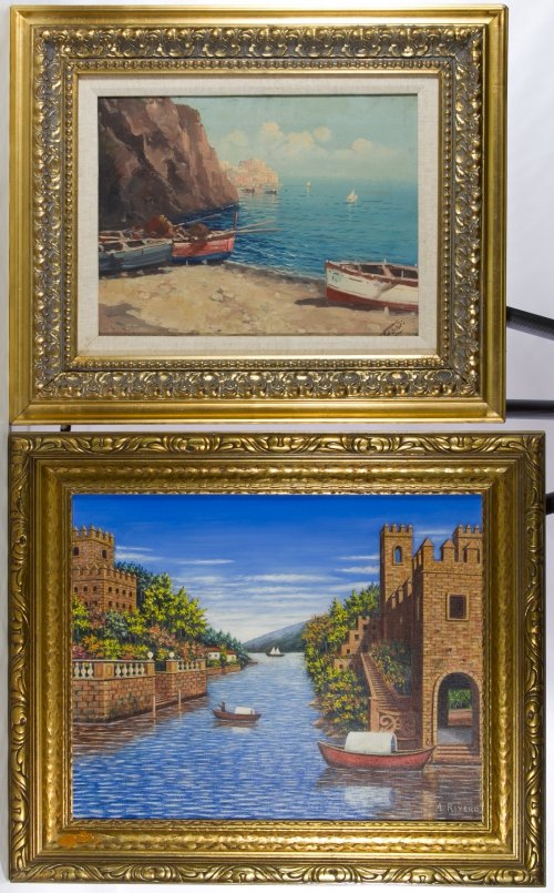 A. Rivero (20th Century) 'Village' Oil on Canvas: A. Rivero (20th Century) 'Village' Oil on Canvas Undated, signed lower right, depicting boats on water surrounded by buildings; together with an oil on canvas by Pasini depicting a ocean scene Height: