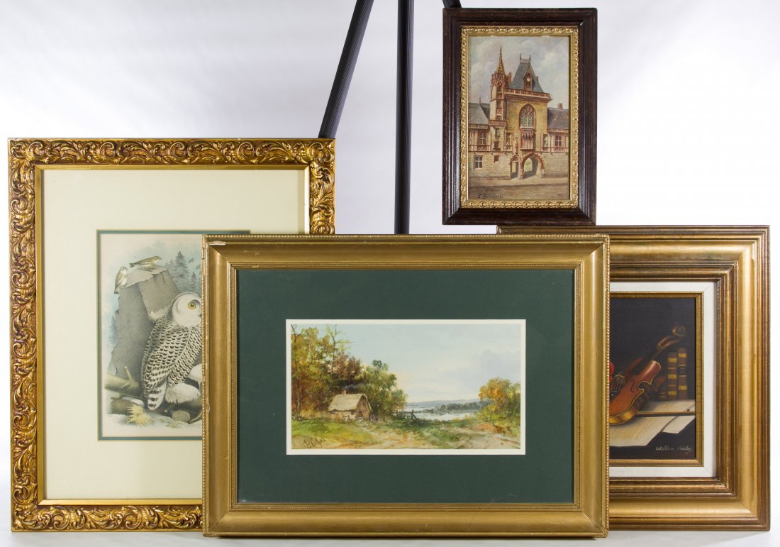 James Northcote (American, 1822-1904) 'Cabin': James Northcote (American, 1822-1904) 'Cabin' Watercolor Undated, signed lower left, depicting a cabin by water; together with together with an oil on canvas still life of a violin, a print of a build