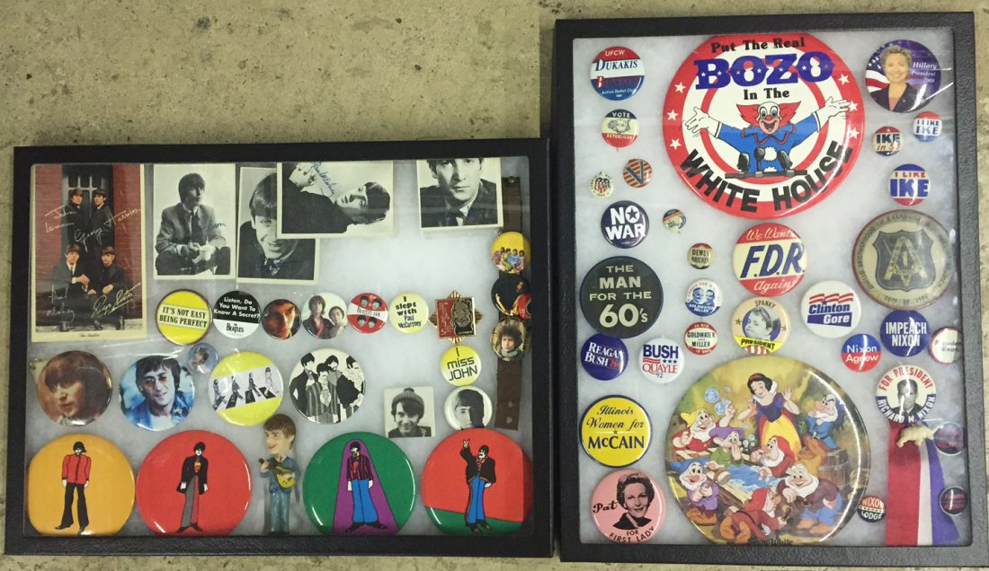 Beatles Memorabilia Assortment: Beatles Memorabilia Assortment Twenty-six items including photos, buttons and bobble head; together with thirty-one political, Disney and Bozo buttons Diameter: 6.00 inches (largest) Category: Collect