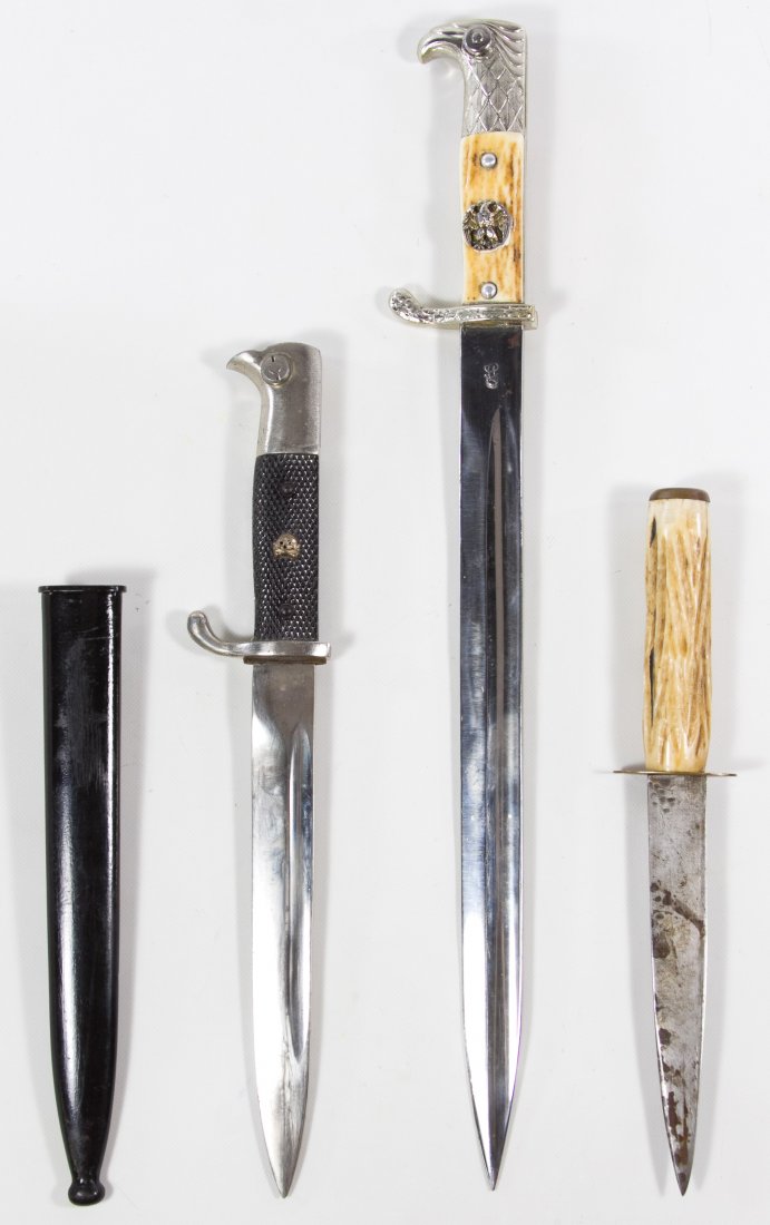 World War II German Bayonet and Dagger Assortment: World War II German Bayonet and Dagger Assortment Three pieces including police dress dagger having horn handle made by Weyersberg Kirschealm Solingen, parade dress bayonet made by Puma Solingen and t