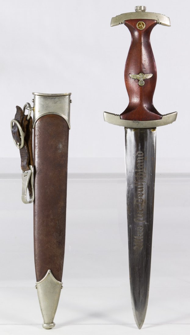 World War II German Early S.A. Dress Dagger: World War II German Early S.A. Dress Dagger Including scabbard and leather hanger; by Karl Schmidt Sohn A G Solingen Length: 14.50 inches (in scabbard) Category: Military & Weapons > World War II Ship