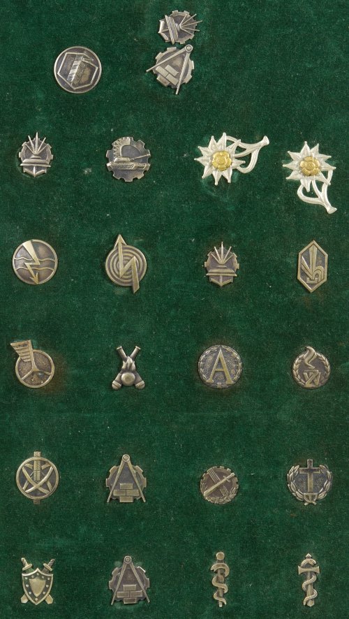 Polish Army Insignia Pins: Polish Army Insignia Pins Twenty-three pins mounted on a board, identification on the back of the board Height: 15.00 inches, Width: 9.50 inches (board) Category: Military & Weapons > Modern Military 