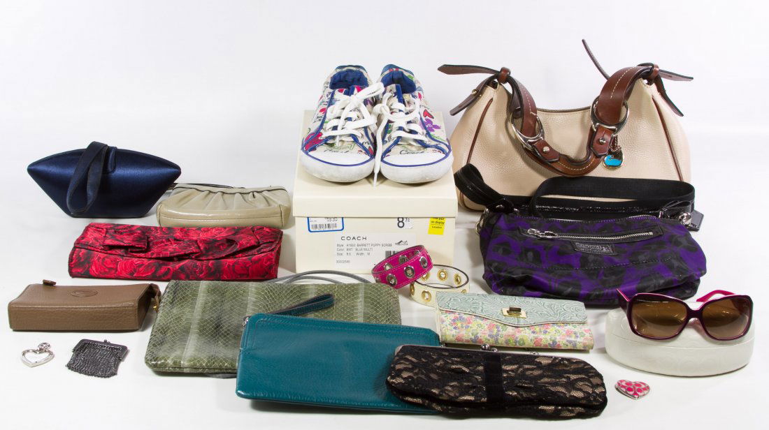 Designer Purse Assortment: Designer Purse Assortment Including purses, sunglasses, sneakers, a neck scarf, bracelets and charms with examples from Dooney & Bourke, Coach, Salvatore Ferragamo, Ann Taylor and Old Navy; together w