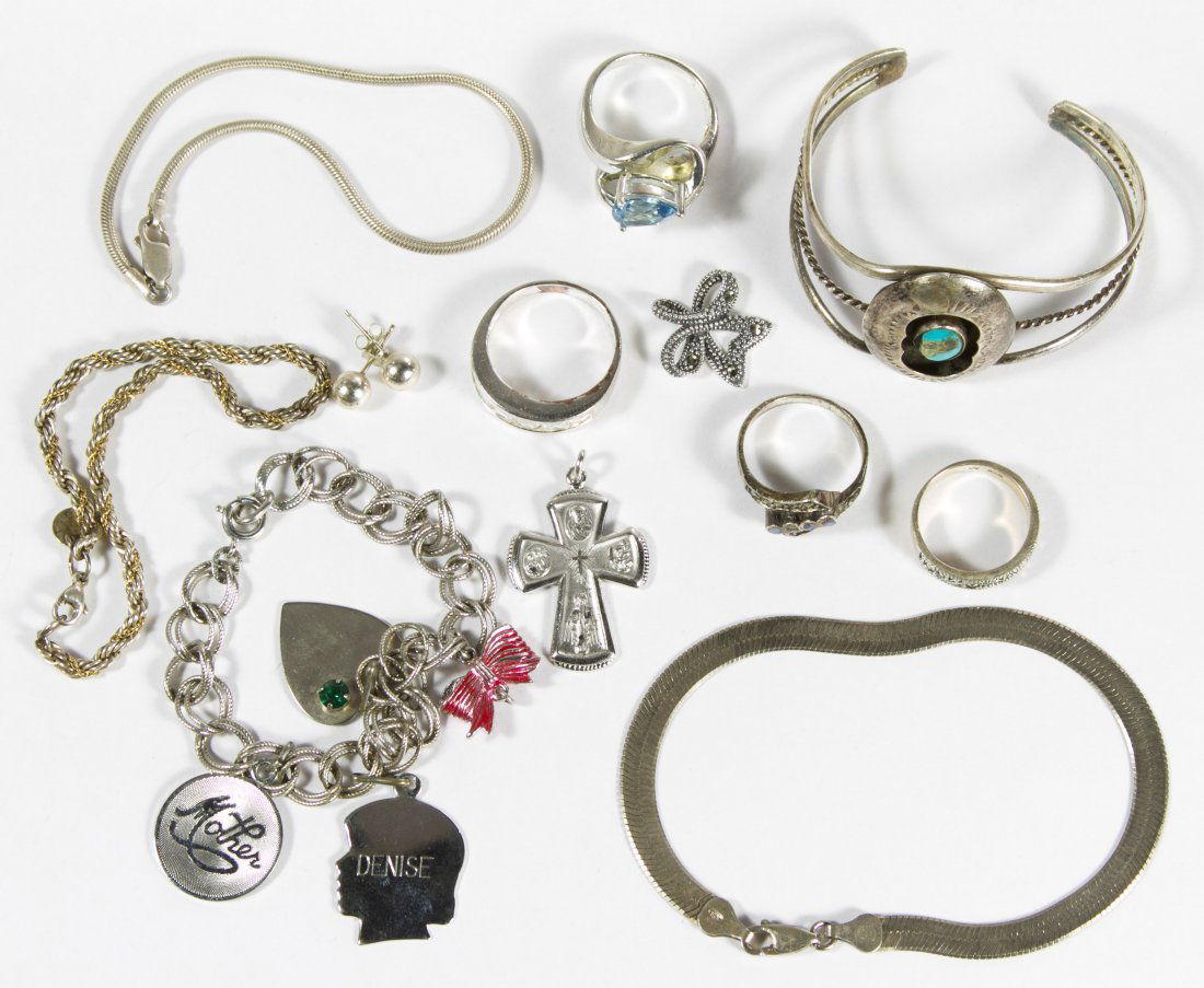 14k Gold, 10k Gold and Sterling Silver Jewelry: 14k Gold, 10k Gold and Sterling Silver Jewelry Assortment Including four 14k charms, a 10k necklace and pendant and sterling silver including five bracelets, four rings, two pendants and a pair of ear