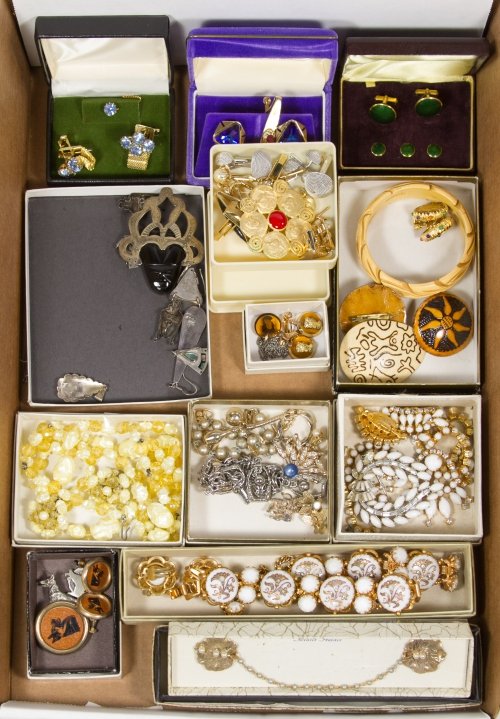 Sterling Silver and Costume Jewelry Assortment: Sterling Silver and Costume Jewelry Assortment Vintage items including cufflinks, pins, necklaces, sweater clips, rhinestone, dog and bowling theme items; together with Mexican sterling silver jewelry