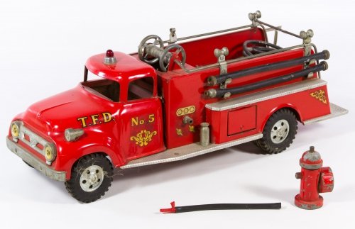 Tonka No.5 Pressed Steel Fire Truck: Tonka No.5 Pressed Steel Fire Truck c.1950, attached sticker label on the underside, including ladders, hoses and a fire hydrant Length: 17.00 inches Category: Toys and Dolls > Vintage Toys Shipping S