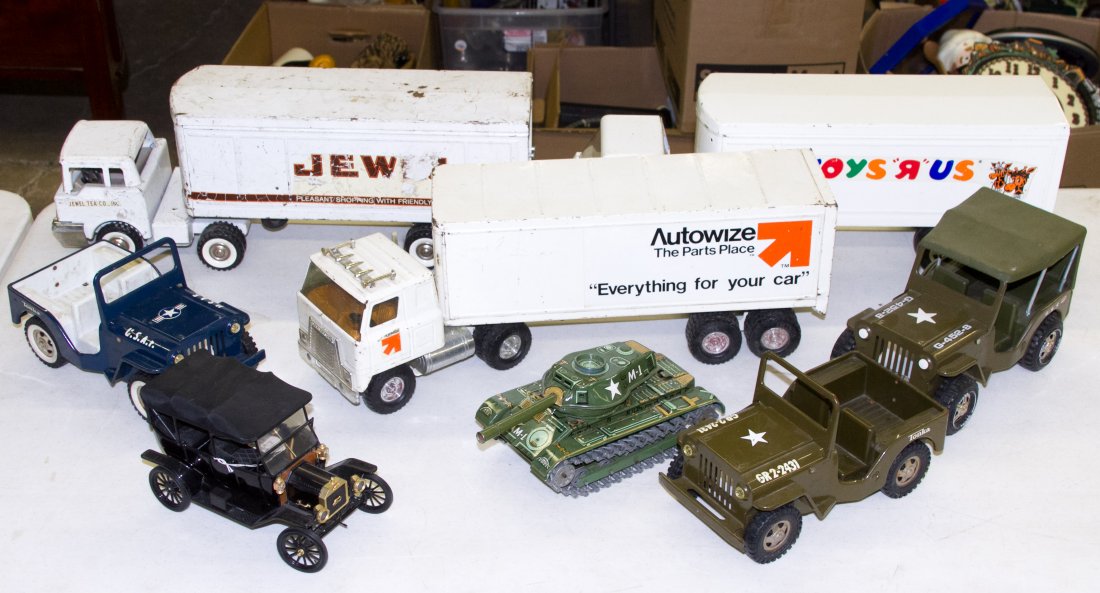 Toy Truck and Vehicle Assortment: Toy Truck and Vehicle Assortment Including Tonka toy trucks Length: 19.00 inches (longest truck) Category: Toys and Dolls > Vintage Toys Shipping Status: Due to size, weight, value or shipping complex