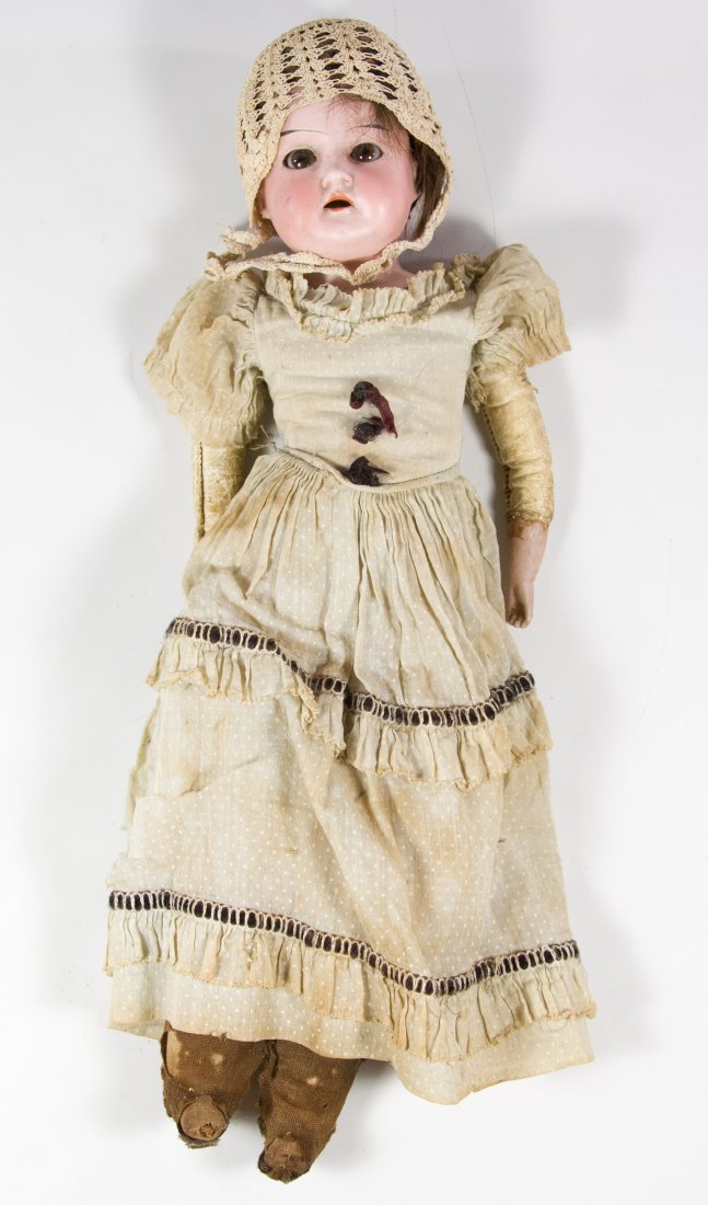 Armand Marseille 370 Doll: Armand Marseille 370 Doll Having a bisque shoulder head, kid leather body, brown glass sleep eyes, bisque lower arms and original dress Height: 16.00 inches Category: Toys and Dolls > Antique Dolls Sh