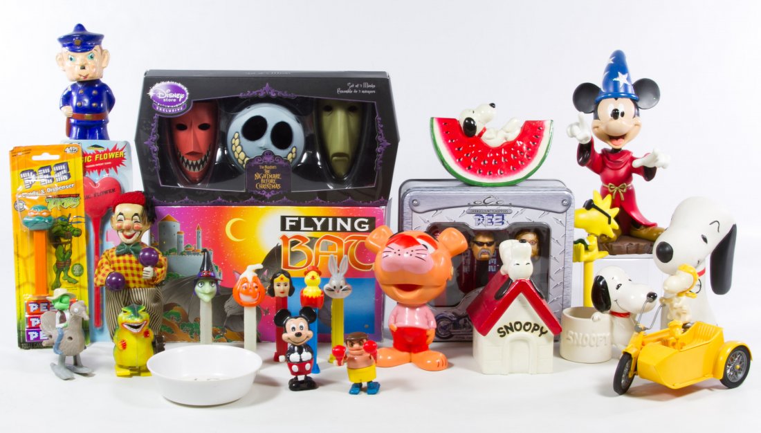 Snoopy and Mickey Mouse Toy Assortment: Snoopy and Mickey Mouse Toy Assortment Including plastic and vinyl Snoopy figures, Pez candy dispensers; together with Nightmare Before Christmas miniature masks Category: Toys and Dolls > Vintage Toy