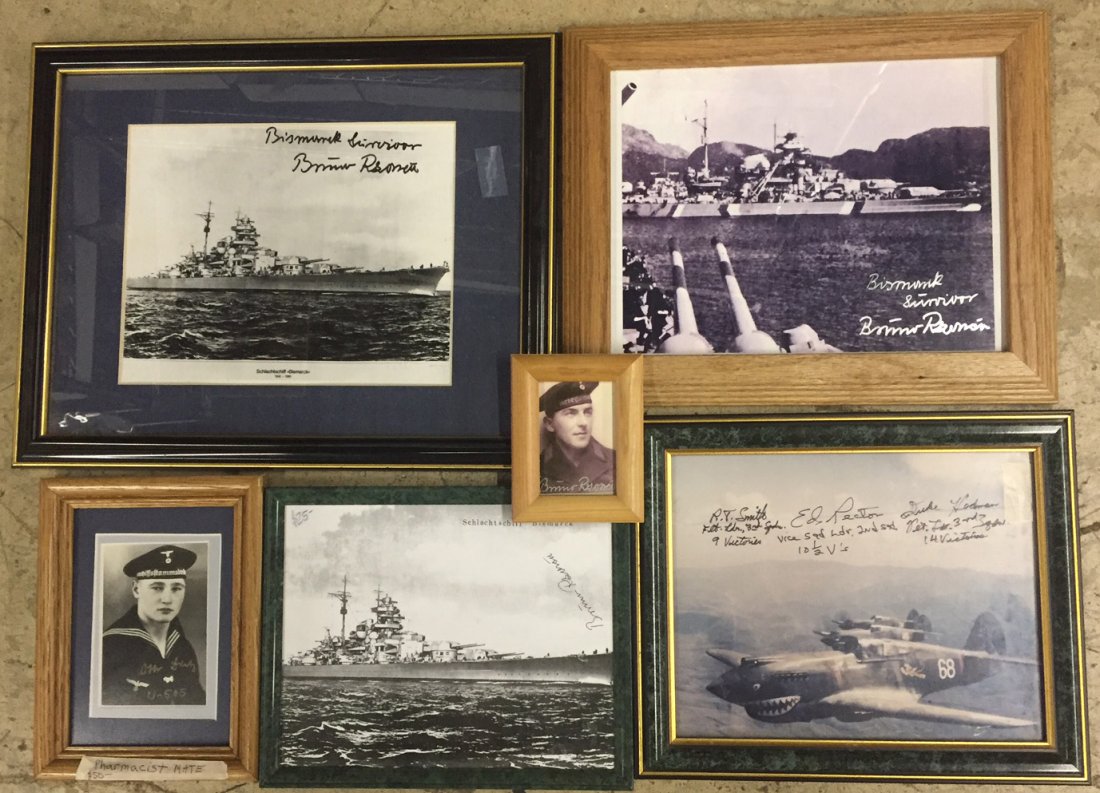 Sinking of the Bismark Ephemera: Sinking of the Bismark Ephemera Six framed items including two sailor portrait photographs, three ship photographs and one airplane photograph; with inscriptions Height: 12.00 inches, Width: 15.00 inc