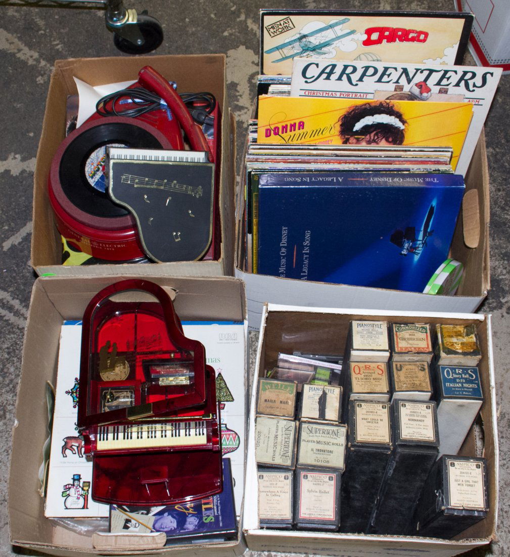 CD, 8-track, Player Piano Roll LP and 45 Record: CD, 8-track, Player Piano Roll LP and 45 Record Assortment Including approximately fifty records Width: 12.00 inches (widest) Category: Books & Ephemera > Music Shipping Status: Due to size, weight, v