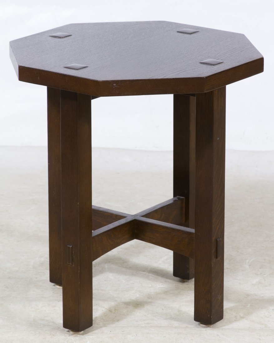 Arts and Crafts Style Mission Oak Octagonal Table by: Arts and Crafts Style Mission Oak Octagonal Table by Stickley 1991, style #89-550, stamped marks to the undersides Height: 20.25 inches, Width: 18.00 inches, Depth: 18.00 inches Category: Furniture > 