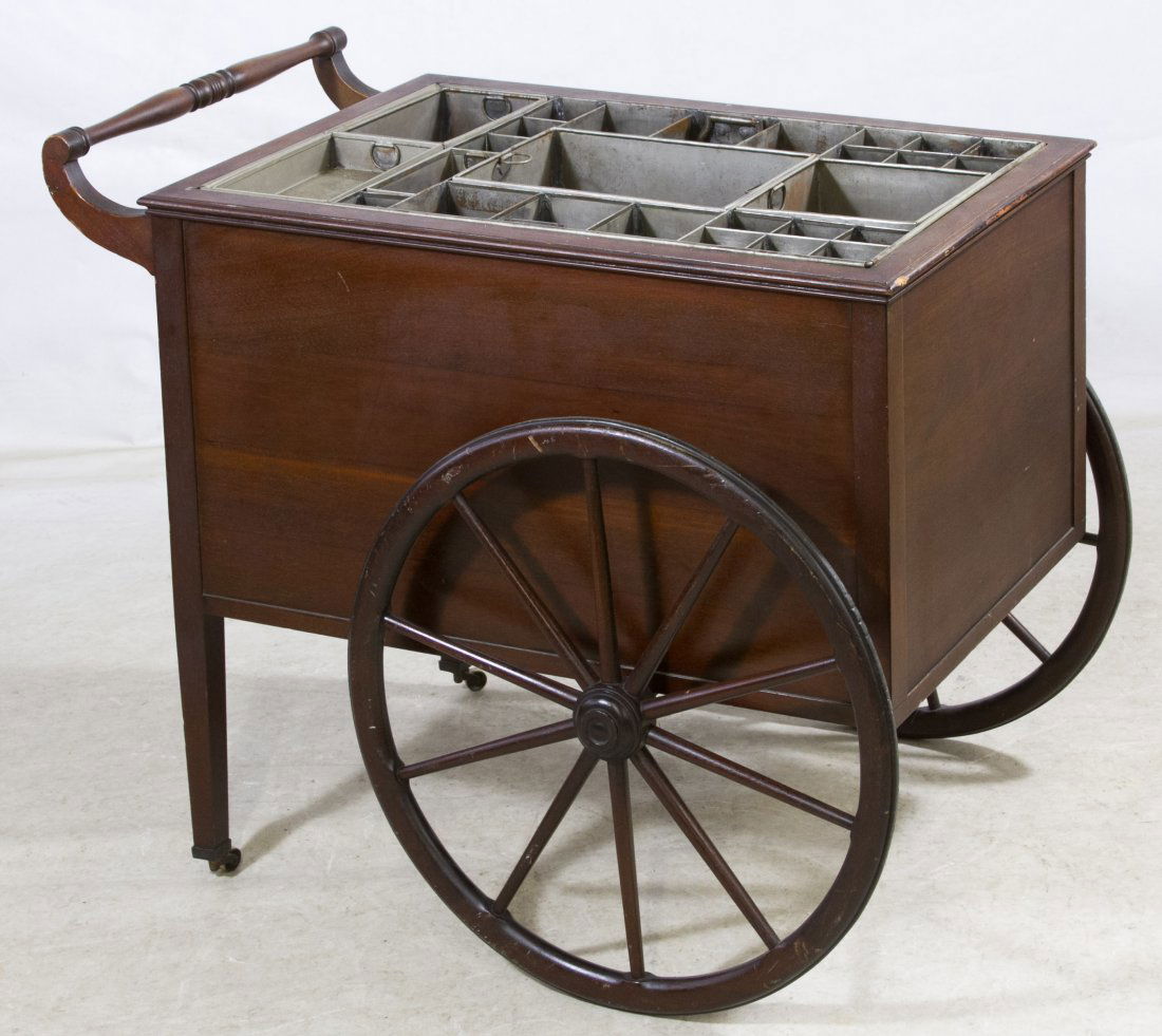 Mahogany Salad Cart by Berkey and Gay: Mahogany Salad Cart by Berkey and Gay Vintage cart on wooden spoke wheels with multiple tin insert compartments Height: 31.00 inches, Width: 23.00 inches, Depth: 36.00 inches Category: Furniture > Ame