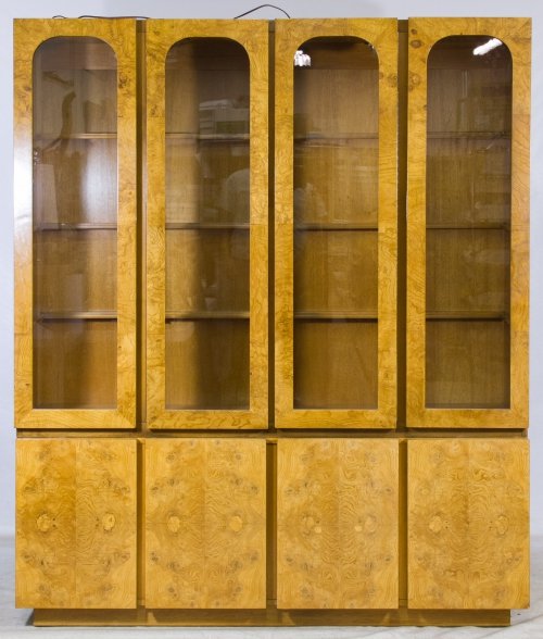 Burled Olive / Ash China Cabinet by Milo Baughman for: Burled Olive / Ash China Cabinet by Milo Baughman for Lane Two piece cabinet with upper section having four wood framed glass doors and interior glass shelving, lower section having four wood doors wi