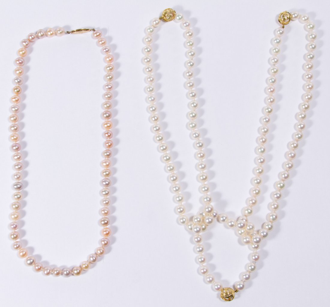 18k Gold and Cultured Pearl Jewelry Assortment: 18k Gold and Cultured Pearl Jewelry Assortment Including three necklaces and a bracelet; all hand tied; one necklace having pale pink 6mm pearls; the other two choker necklaces and matching bracelet (