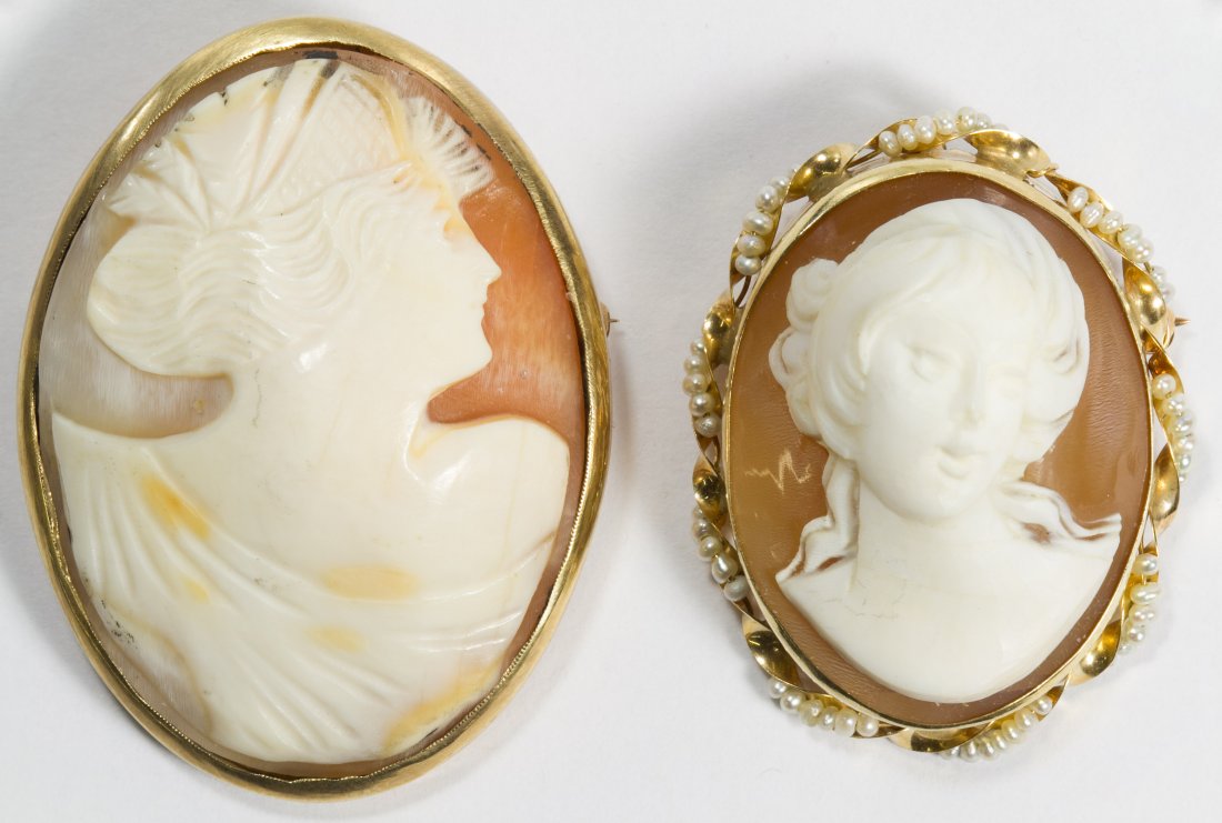 14k Gold and Carved Shell Cameo Pin Assortment: 14k Gold and Carved Shell Cameo Pin Assortment Two pieces, one having the profile of a lady, the other having a full face lady framed by seed pearls Length: 1.75 inches, Width: 1.25 inches (largest) W