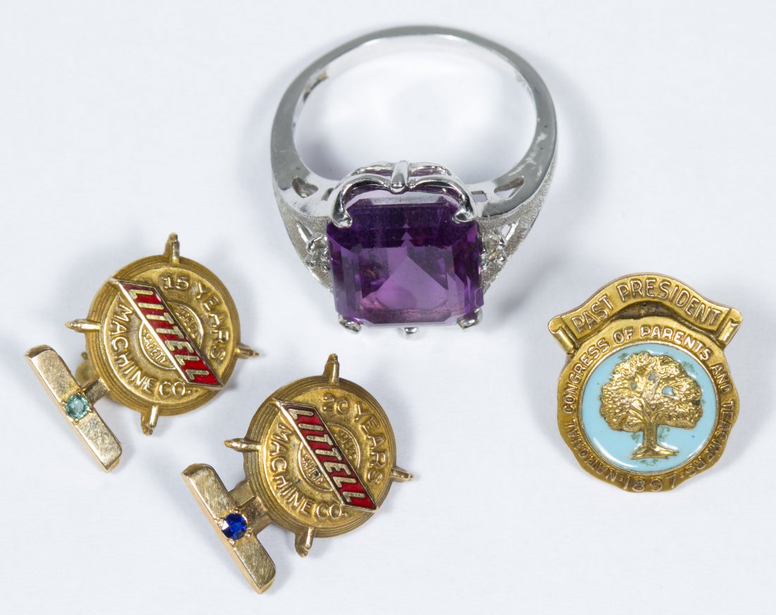10k White Gold Ring and Yellow Gold Service Pin: 10k White Gold Ring and Yellow Gold Service Pin Assortment Including a white gold and rectangular cut amethyst ring and three service pins, two of them having semi-precious gemstones Size: 6.5 Weight: