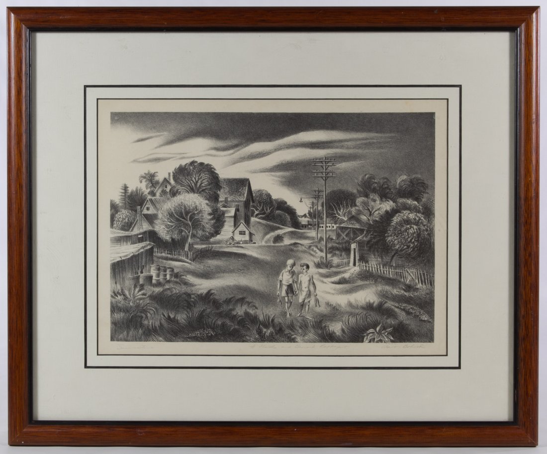 Aaron Bohrod (American, 1907-1992) 'Summertime': Aaron Bohrod (American, 1907-1992) 'Summertime' Lithograph Undated, signed lower right, inscribed lower center 'to Martha and Bernard Rappaport,' depicting two young males in a country neighborhood He