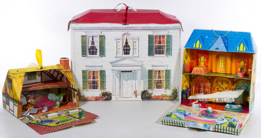 Marx and Ideal Dollhouse Assortment: Marx and Ideal Dollhouse Assortment Including a tin lithograph Marx two story dollhouse with some original furniture, three vinyl Ideal dollhouses and Ideal marked hard plastic furniture; together wit