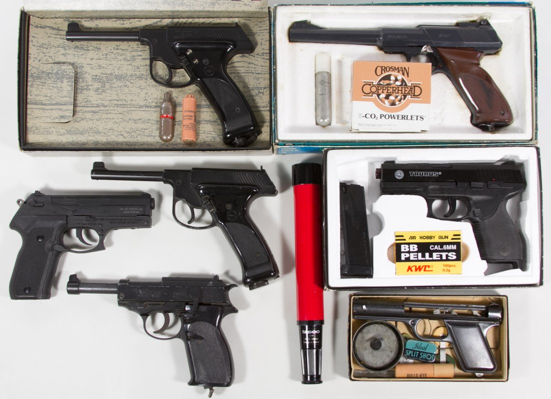 BB and Pellet Gun Assortment: BB and Pellet Gun Assortment Seven guns including examples from Daisy, Taurus, Healthways and Bulls Eye Manufacturing Co.; together with a Tasco telescope Length: 10.00 inches (longest) Category: Spor