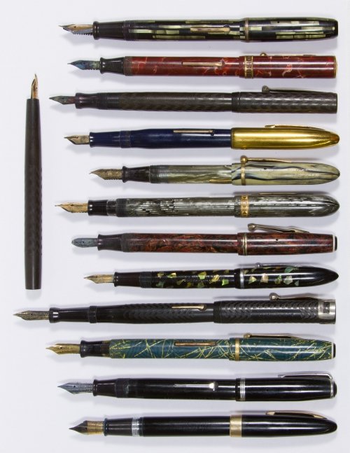 Fountain Pen Assortment: Fountain Pen Assortment Thirteen pens including examples from Sheaffer, Morgan, Esterbrook, Miracle, Epenco, President, Weaver and Eversharp; one has a 14k gold nib Length: 5.50 inches (longest) Categ