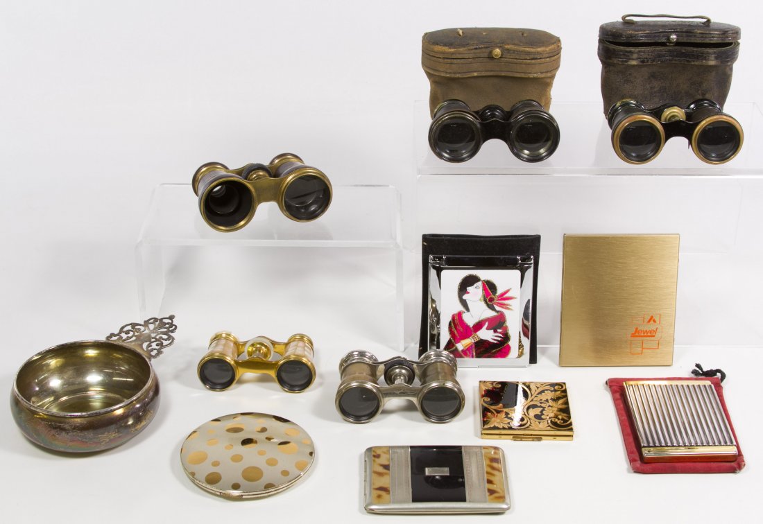 Sterling Silver Cup, Compacts and Opera Glasses: Sterling Silver Cup, Compacts and Opera Glasses Assortment Including a Preisner sterling silver cup, five pairs of opera glasses with examples from LeMaire and Chevalier and an Elgin American compacts