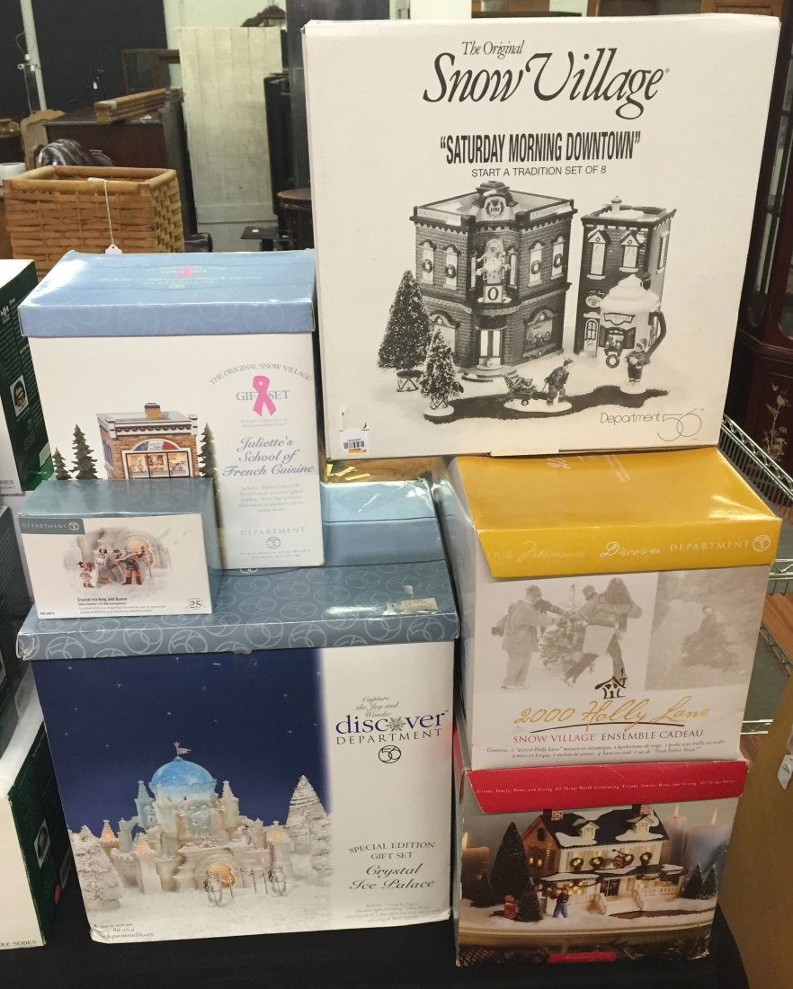 Department 56 'Gift Set' Assortment: Department 56 'Gift Set' Assortment Including 'Saturday Morning Downtown', '2000 Holly Lane', 'Snowy Pines Inn', 'Juliette's School of French Cuisine' and 'Crystal Ice Palace' with figurines; all in o