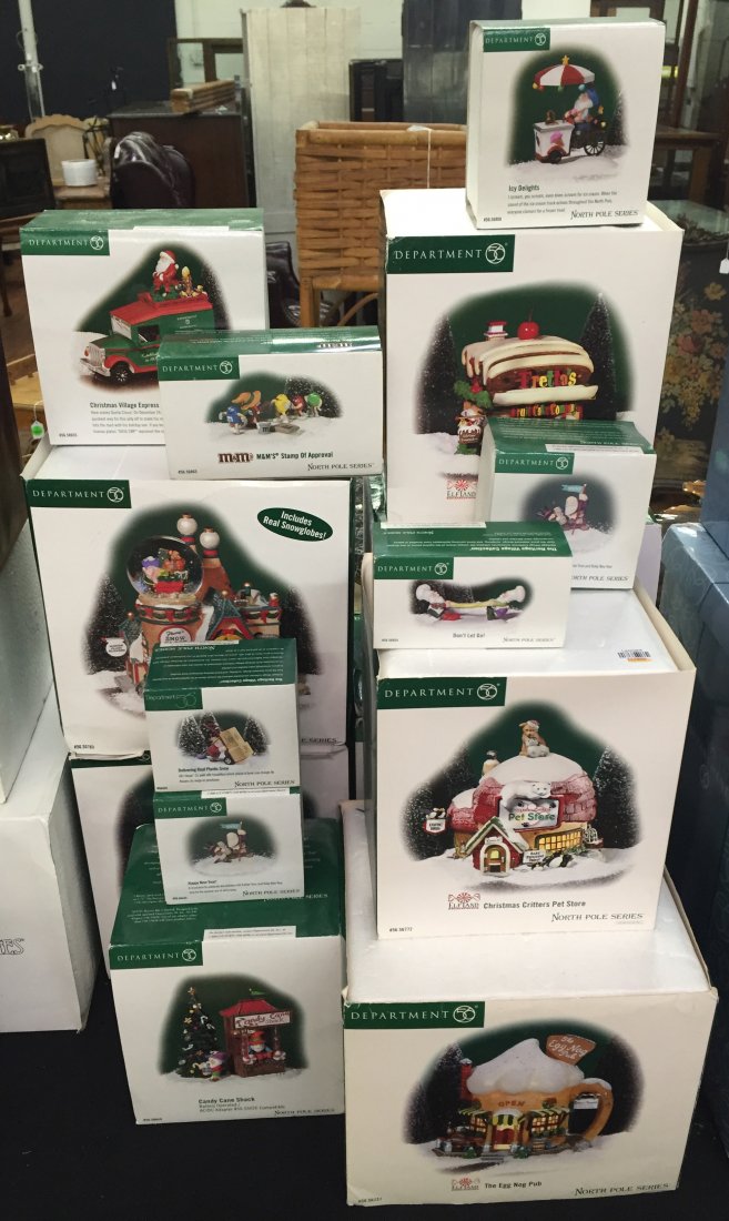 Department 56 'North Pole Series' Assortment: Department 56 'North Pole Series' Assortment Including 'Ginny's Cookie Treats Set', 'Frosty Playground', 'Fretta's Fruit Cake Company', 'Hand Carve Nutcracker Factory', 'Flurry's Snow Globe Maker', 'T