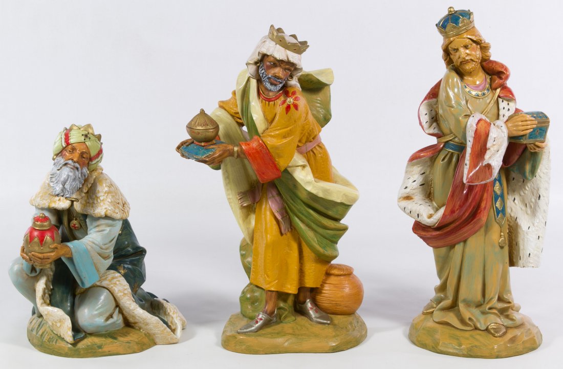 Fontanini 12-Inch Scale Wise Men Figurines: Fontanini 12-Inch Scale Wise Men Figurines Three twelve inch scale items including King Balthazar #72916 with box, King Melchoir #72914 with box and King Gaspar #72915 Height: 13.50 inches (tallest) C